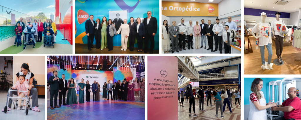 Mosaico com oito imagens de acontecimentos da AACD EM 2025