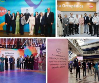 Mosaico com oito imagens de acontecimentos da AACD EM 2025