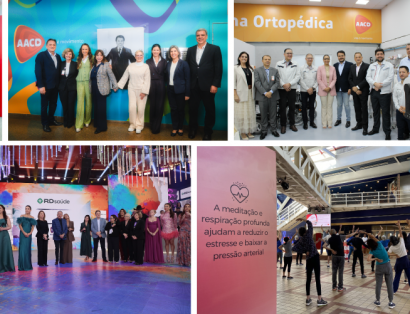 Mosaico com oito imagens de acontecimentos da AACD EM 2025