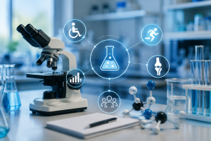 Imagem de laboratório com microscópio, equipamentos científicos e símbolos relacionados à pesquisa e à reabilitação.