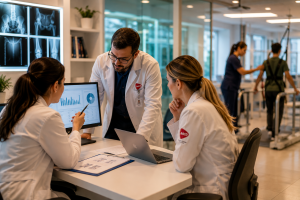 Imagem gerada por IA (Inteligência Artificial) Profissionais analisam dados e resultados de pesquisas científicas em ambiente hospitalar.
