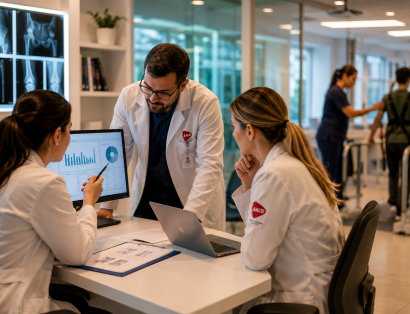 Imagem gerada por IA (Inteligência Artificial) Profissionais analisam dados e resultados de pesquisas científicas em ambiente hospitalar.