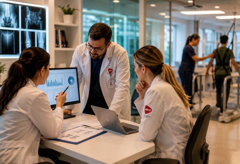 Imagem gerada por IA (Inteligência Artificial) Profissionais analisam dados e resultados de pesquisas científicas em ambiente hospitalar.