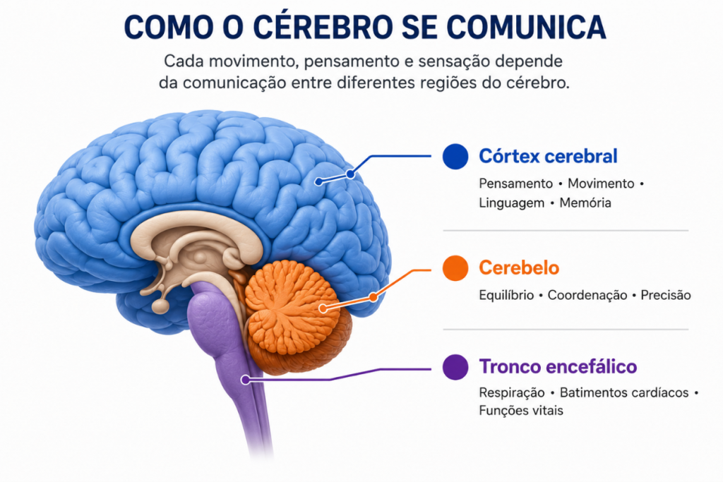 Ilustração anatômica do cérebro humano em corte lateral, com destaque para três estruturas. O córtex cerebral, em azul, é responsável por pensamento, movimento, linguagem e memória. O cerebelo, em laranja, atua no equilíbrio, coordenação e precisão dos movimentos. O tronco encefálico, em roxo, controla funções vitais como respiração e batimentos cardíacos. O título informa que a comunicação entre essas regiões permite movimentos, pensamentos e sensações. 