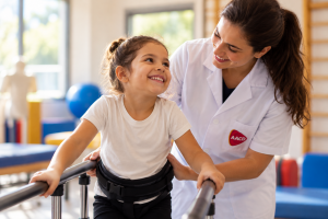 Menina realiza exercício de reabilitação com auxílio de profissional da AACD em clínica terapêutica.