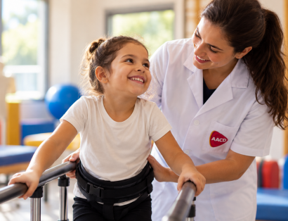 Menina realiza exercício de reabilitação com auxílio de profissional da AACD em clínica terapêutica.