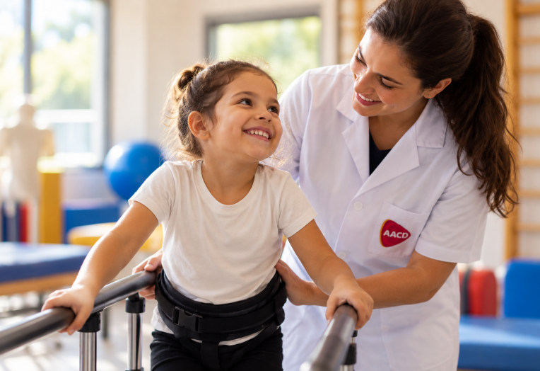 Menina realiza exercício de reabilitação com auxílio de profissional da AACD em clínica terapêutica.