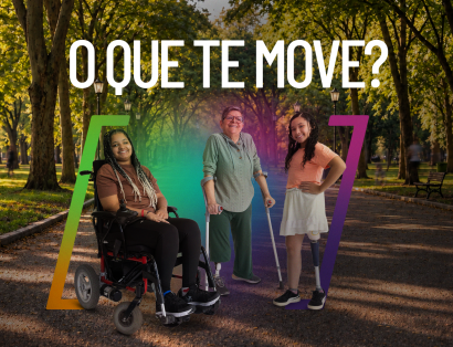 Banner da campanha AACD Teleton 2026, com três pacientes da AACD — uma mulher em cadeira de rodas, uma mulher com muletas e uma menina com muletas — e a frase “O que te move?".