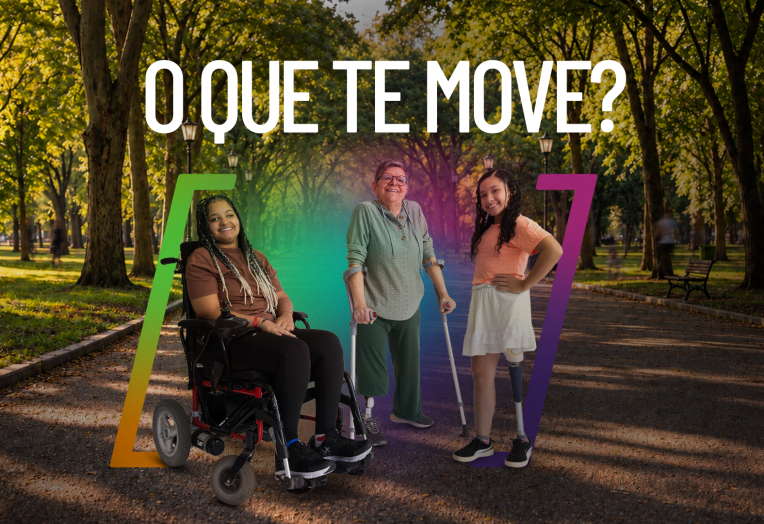 Banner da campanha AACD Teleton 2026, com três pacientes da AACD — uma mulher em cadeira de rodas, uma mulher com muletas e uma menina com muletas — e a frase “O que te move?".