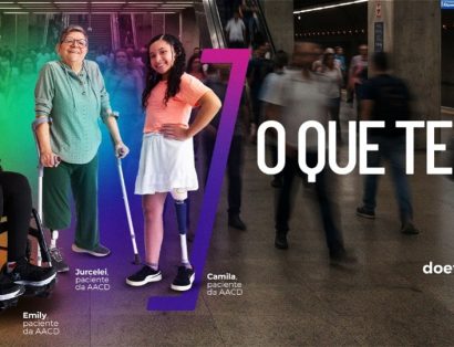 Banner da campanha AACD Teleton 2026, com três pacientes da AACD — uma mulher em cadeira de rodas, uma mulher com muletas e uma menina com muletas — e a frase “O que te move? Levar solidariedade”. A peça também informa o Pix para doações.